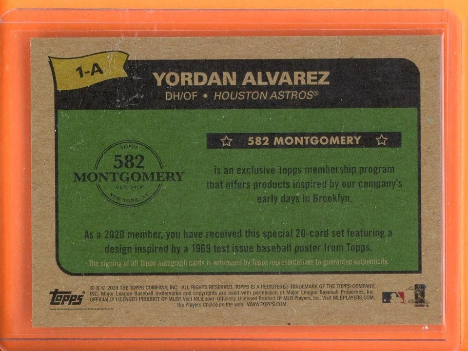 Yordan Alvarez Autographs Rookie Auto 2020 Topps 582 Montgomery Club Set 3 #1-A - Image 2 of 2