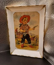 Vintage Cowboy Kid Postcard In Plastic Wall Frame Holder