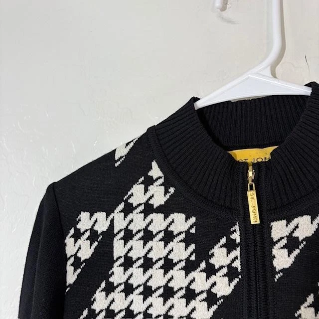 St John Sweater Womens Petite Black White Wool Zip Houndstooth Bomber Cardigan - Image 2 of 4