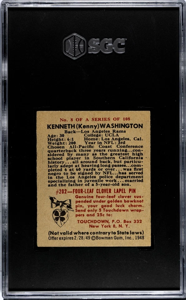 1948 Bowman Football #8 Kenny Washington RC Rookie Card SGC 4.5 B214 - Image 2 of 2