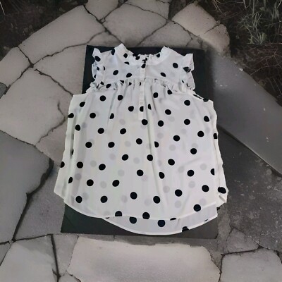 Loft Small White Black Polka Dot Sleeveless Layering Flutter Ruffled Sleeve Top