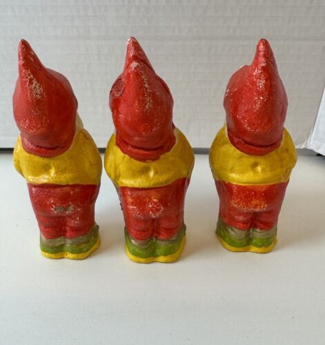 Set Of 3 Vintage Gnomes Hand painted Cast Iron- Home Decor - Antique 4.5 Inches - Picture 6 of 11