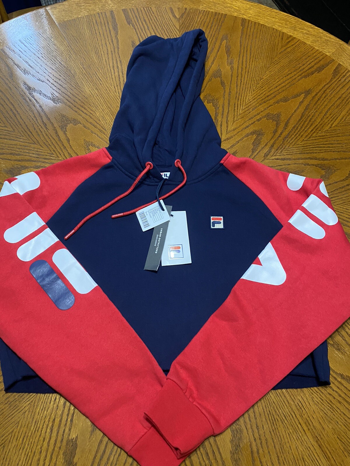 Felpa con cappuccio nuova con etichette FILA CROP BLU taglia donna L Spell Out