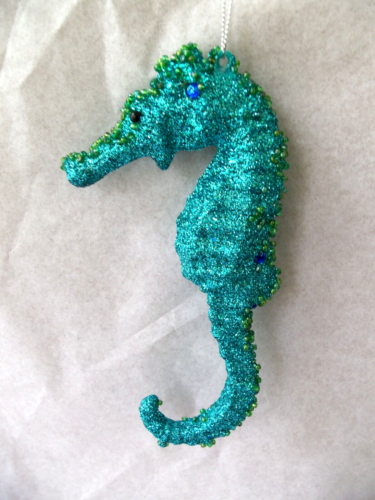Blue Glitter Sequin Seahorse Figural Christmas Ornament!  6" LONG!  BEACHY! - Picture 1 of 4