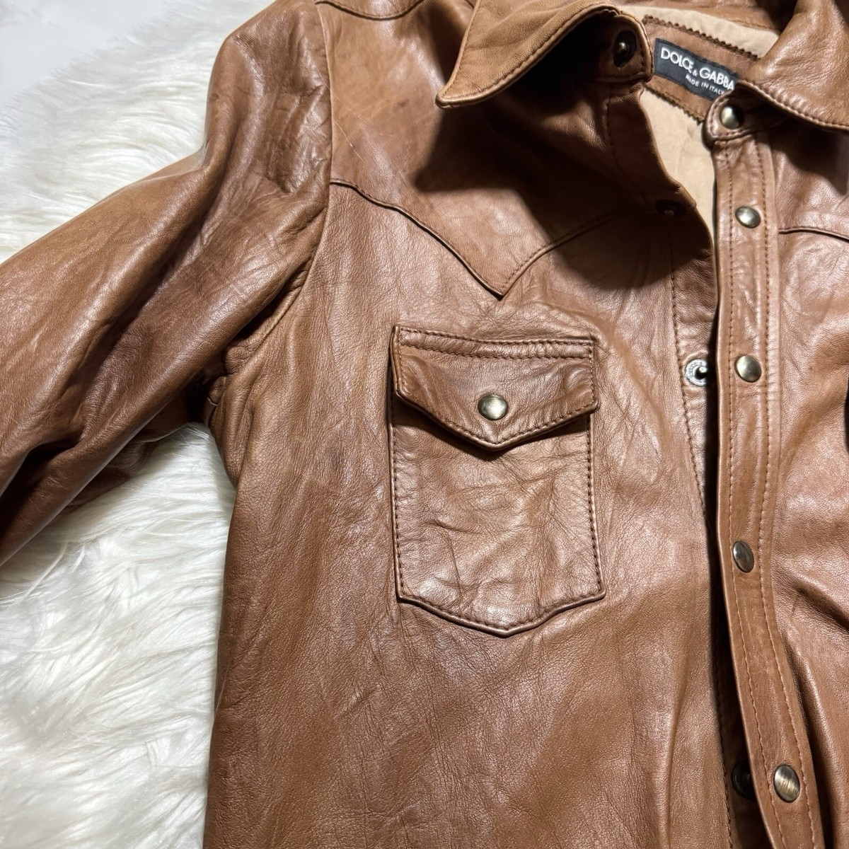 Dolce & Gabbana ブラウンレザーシャツジャケット　size48 Authentic Dolce & Gabbana Western Leather Shirt Jacket 44