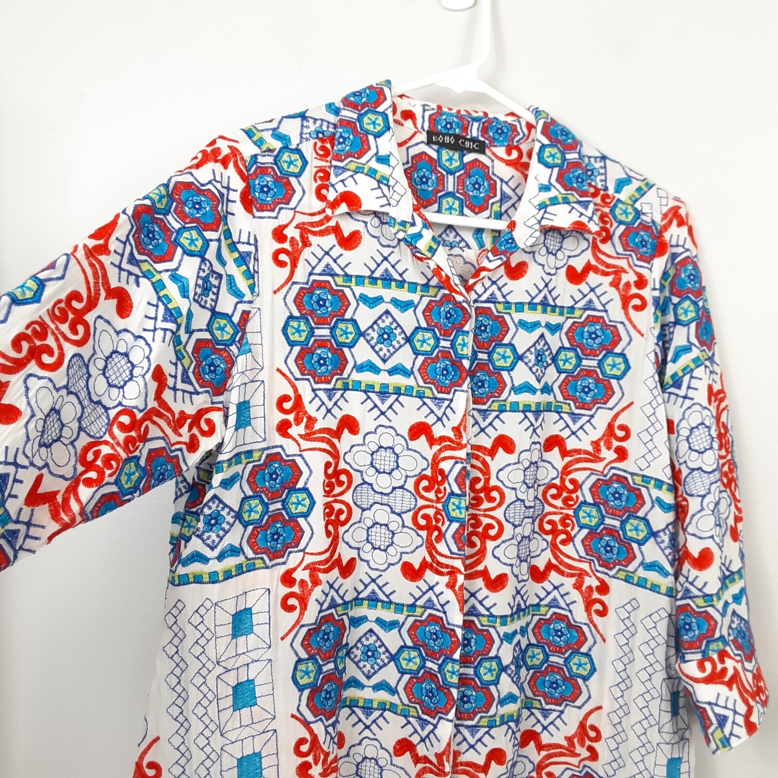 BOHO CHIC Embroidered Button Down Tunic Shirt Sz L - image 8