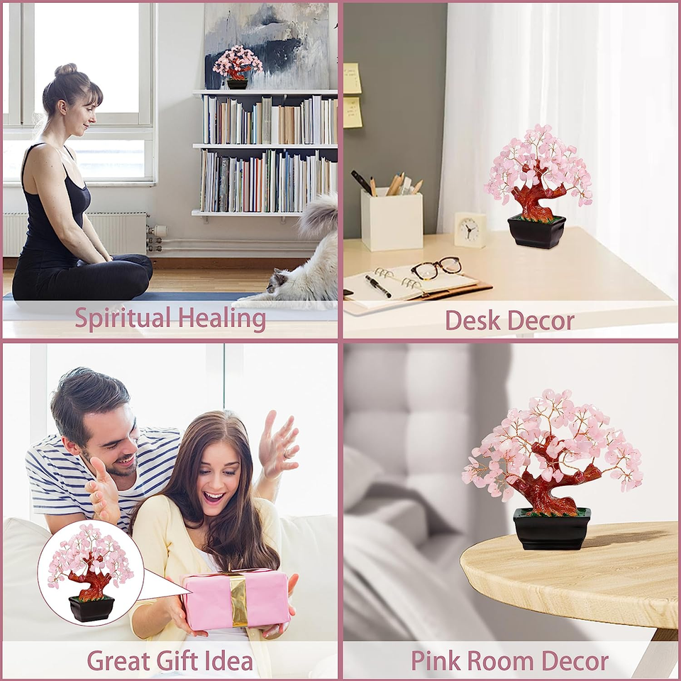 Feng Shui Natural Rose Pink Quartz Crystal Money Tree Bonsai Style