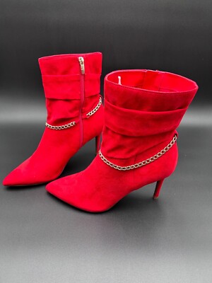 Marc Fisher Red Faux Suede w/Gold Chain Stiletto Heeled Ankle Books 10
