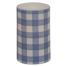 NEW FARMHOUSE BLUE Pillar Candle WHITE TIMER LED 5"Tx 3"W Cottage CHECK Gingham
