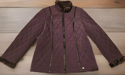 Esprit Coat Jacket Womens Size Large Dark Purple Faux Fur Faux Leather Details