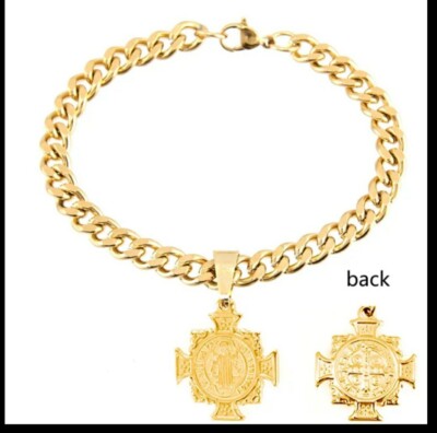 San Benito/ St Benedict Cross Charm 22cm (8.6'') Gold Stainless Steel Bracelet
