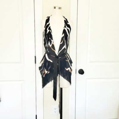 CACHE Black/White/Copper Satin Asymmetric Zebra Print Fringe Wrap Vest Sz XS NWT