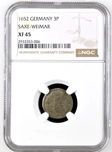 1652 German States Saxe-Weimar 3 Pfennig, NGC XF 45, KM 18, Germany Finest @ NGC