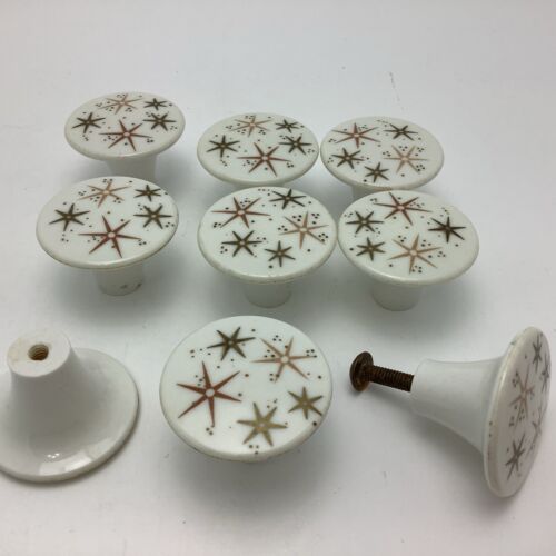 *Vtg Mid Century Modern white/copper,olive Green plastic Drawer Pull Knobs Set 9 - 第 1/3 張圖片