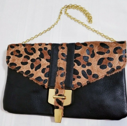 Lp Blue LINEA PELLE Faux BLACK Leather SHOULDER BAG W/CHAIN STRAP Animal PRINT - Picture 12 of 12