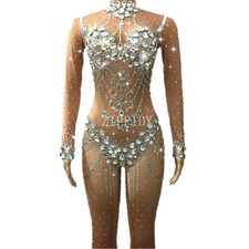 Sparkly Crystals Nude Jumpsuit Stretch Outfit Rhinestones Bodysuit Costume Dress