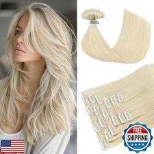 HUAYI Platinum Blonde Hair Extensions, Human Hair Clip in Extensions 120g 14 in