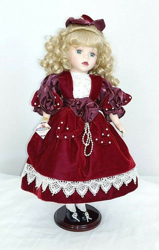 VTG PRETTY VICTORIAN PORCELAIN DOLL WITH MAROON DRESS