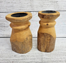 Heavy Solid Wood Antique Rustic Hard Carved Column Pillar Candle Holders 8"