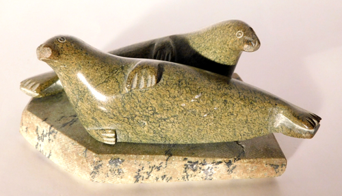 Inuit Hand Carved Soapstone Double Twin 2 Seals Sculpture Figurine Canada 5"