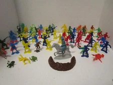 Cowboys and Indians Colorful Plastic Toy Figures Lot of 63 + 2 Horses Vintage