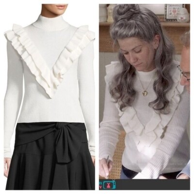 Cinq a Sept / Palomino Ribbed Ruffle mock neck crop ivory cream Fitted Sweater M