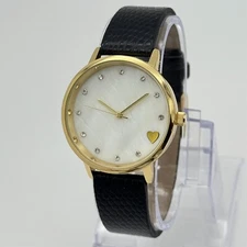 Women's Metro Style Gold Tone, Black Band Watch, 34mm, MOP Dial, Heart Accent