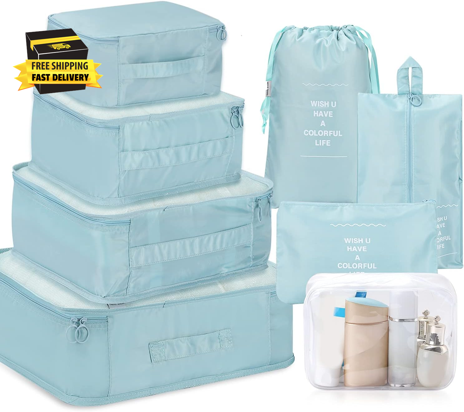 8 Set Packing Cubes -  6 Travel Organizer Luggage Compression Pouches + 1 Shoes