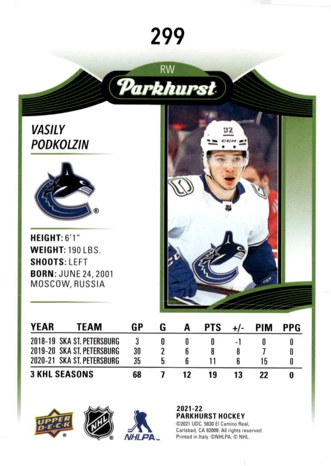 2021-22 Parkhurst #299 Vasily Podkolzin - Image 2 of 2