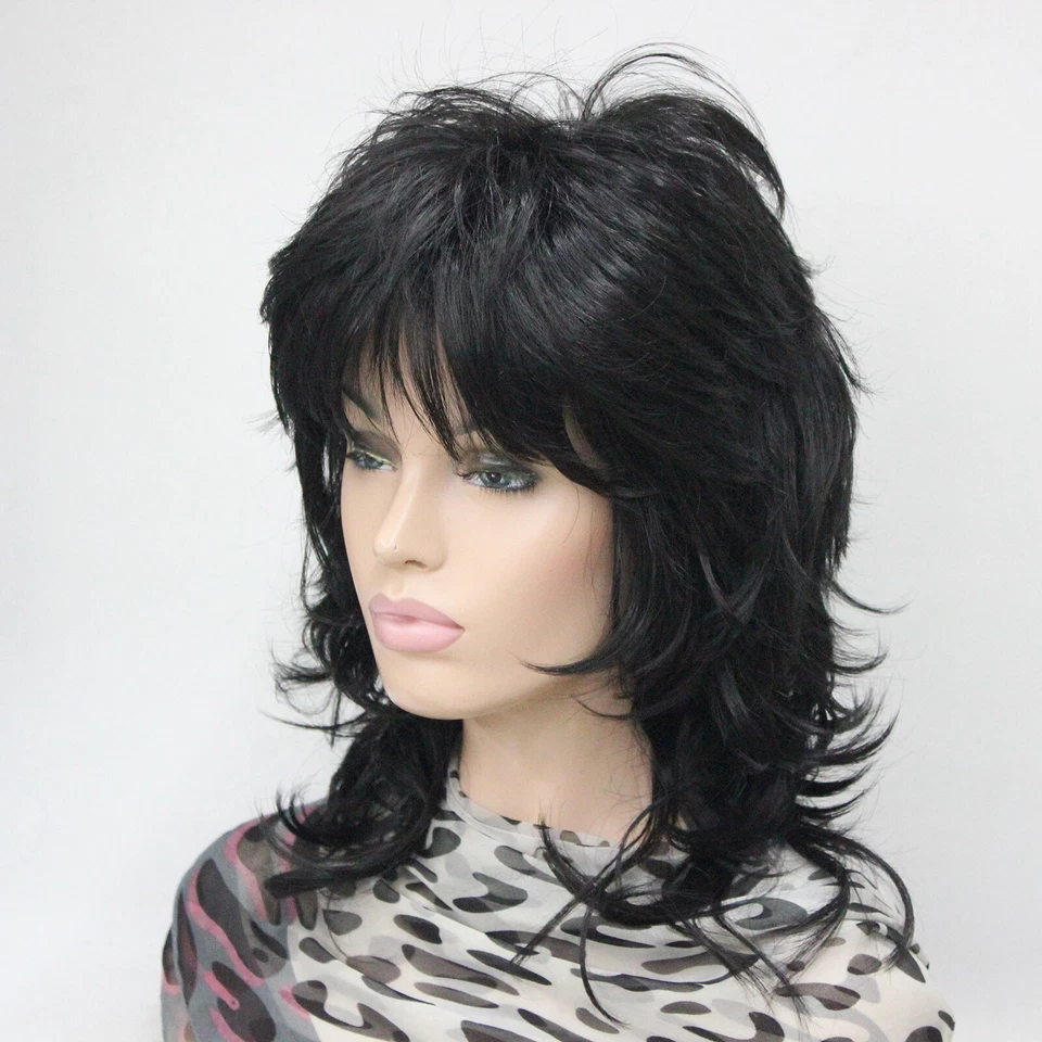 nueva peluca femenina sintética de longitud media en capas color negro 2# Foto 4 de 4