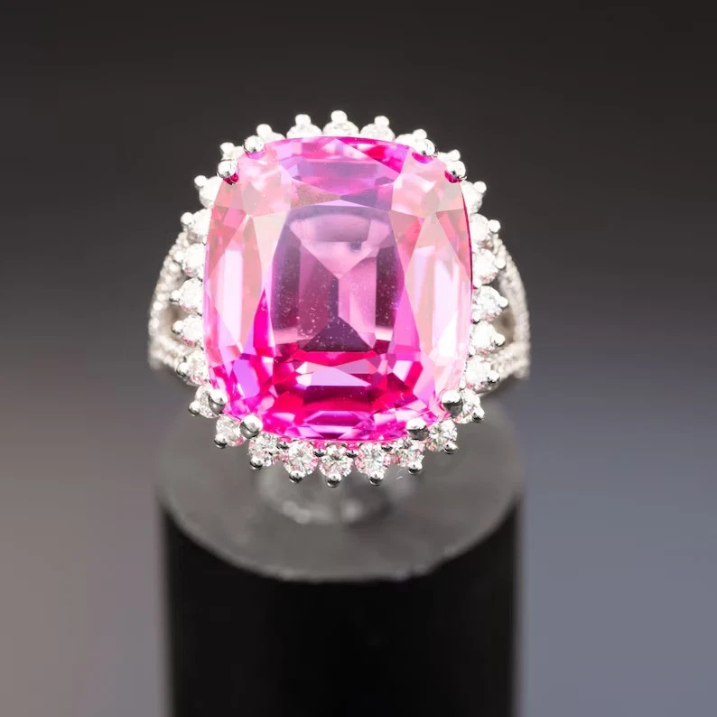 5.26 Ct Cushion Cut Natural Pink Sapphire Diamond Wedding Ring 14K White Gold