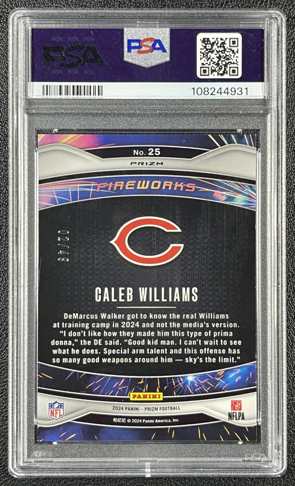 CALEB WILLIAMS PSA 9 2024 PANINI PRIZM #25 ROOKIE FIREWORKS PURPLE POWER RC 2/49 view 2