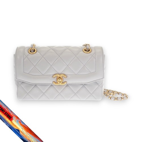Chanel Mini Flap Bag Lambskin Gray Gold Hardware Compact Crossbody