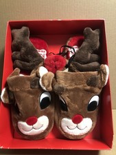 Rudolph The Red Nose Reindeer Slippers Head antlers Nose Gift Set Adult 7-8 NEW