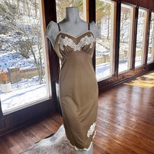 Vintage 1960s Vanity Fair Tricot Nylon Lace Slip Dress Size 32 Brown Adjustable
