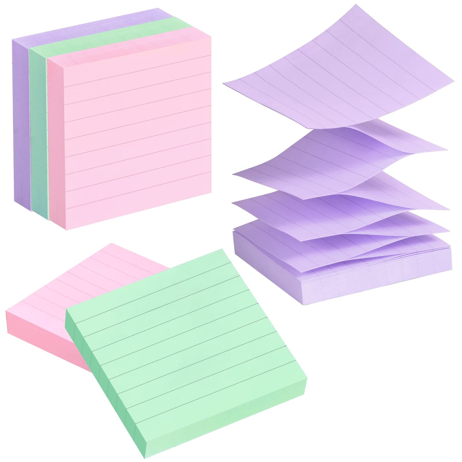 Lined Pop Up Sticky Note 3x3 inch, 6 Pack Accodian Stlye Self-Sticky Notes with