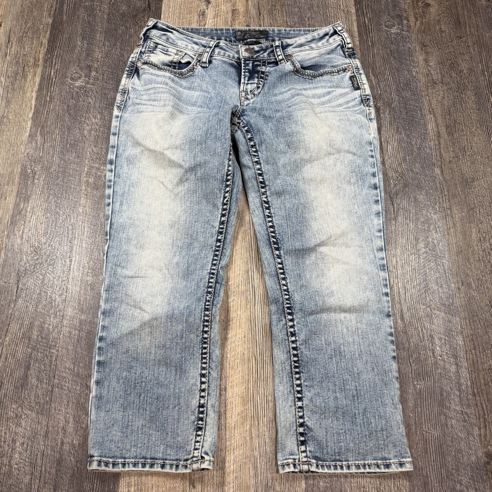 Silver Jeans Aiko Capri Womens W29 Cropped Denim Light Distressed Faded Stretch