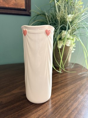 Vintage FTDA Pink Hearts And Curtain White Ceramic Vase 1985 Made In Japan  8 