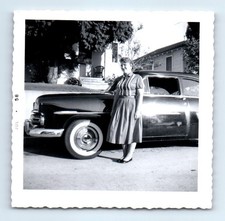 Old Vintage Square Photo Solo Woman Classic Car Ford Customline 1958 Picture