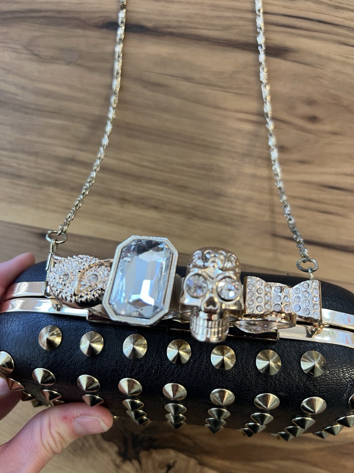 Natasha Couture Studded Clutch Knuckle Ring Skull Chain Strap Punk Goth