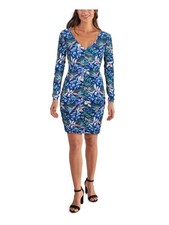 GUESS Womens Body Con Above The Knee Dress Blue Zippered Long Sleeve V Neck 2