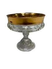 Vintage Indiana Glass Kings Crown Thumbprint Compote Distinctive Gold Rim 7”Bowl