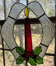VTG Handcrafted Stained Glass Suncatcher Christmas Candle Holly  Berries Large