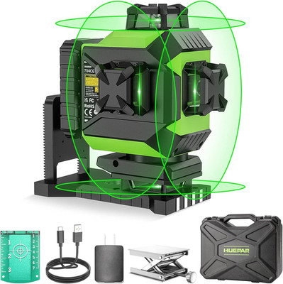 Huepar 4X360 Laser Level Self-Leveling 4D Green Beam Cross Line 16 Lines Tiling 