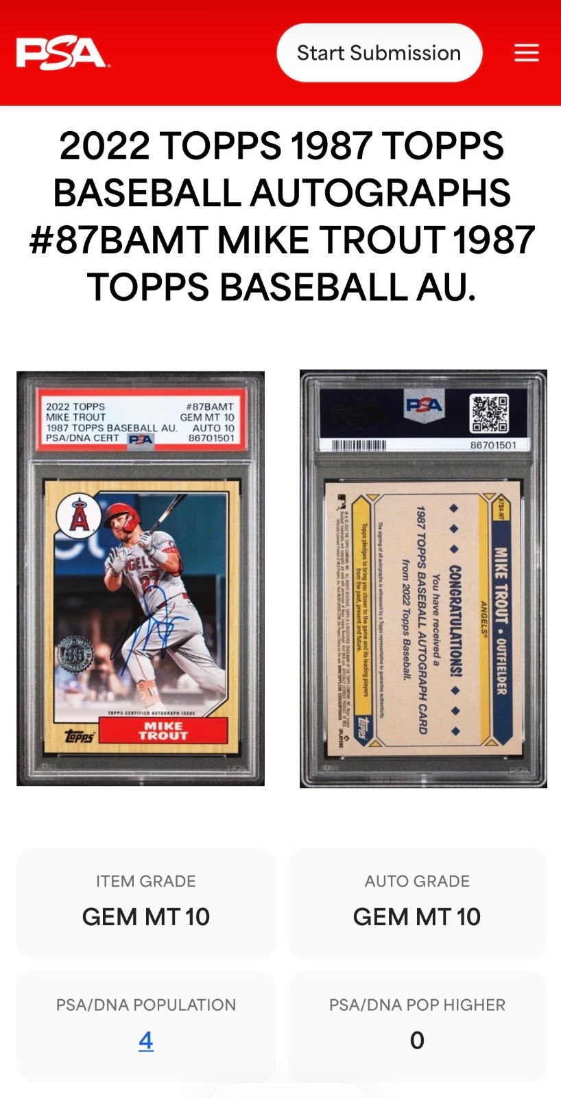 Mike Trout Autograph -2022 TOPPS 1987 TOPPS BASEBALL AUTOGRAPHS MINT 10/10 PSA view 3