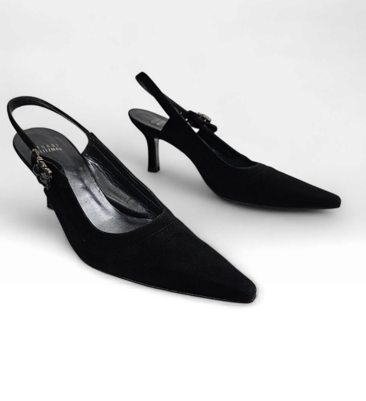 STUART WEITZMAN Vtg Black Suede Pointed Toe Slingback Kitten Heel Pumps 6B