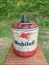 Vintage 1950s A Mobil Product Motor Oil Metal 5 Gallon Can Wood Handle Metal lid