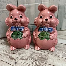 Anthropomorphic Pink Bunny Rabbit Salt Pepper Shaker Set Vtg Japan W Suit & Tie