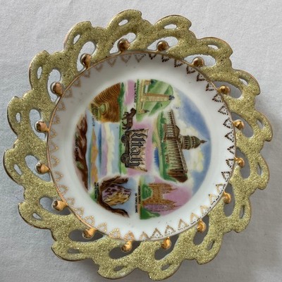 Vintage Souvenir Plate Utah State Capitol Temple Square Decorative Gold