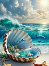 USZDL Beach Shell Diamond Art Kits for Adults,DIY Round Full Drill 5D Diamond Pa